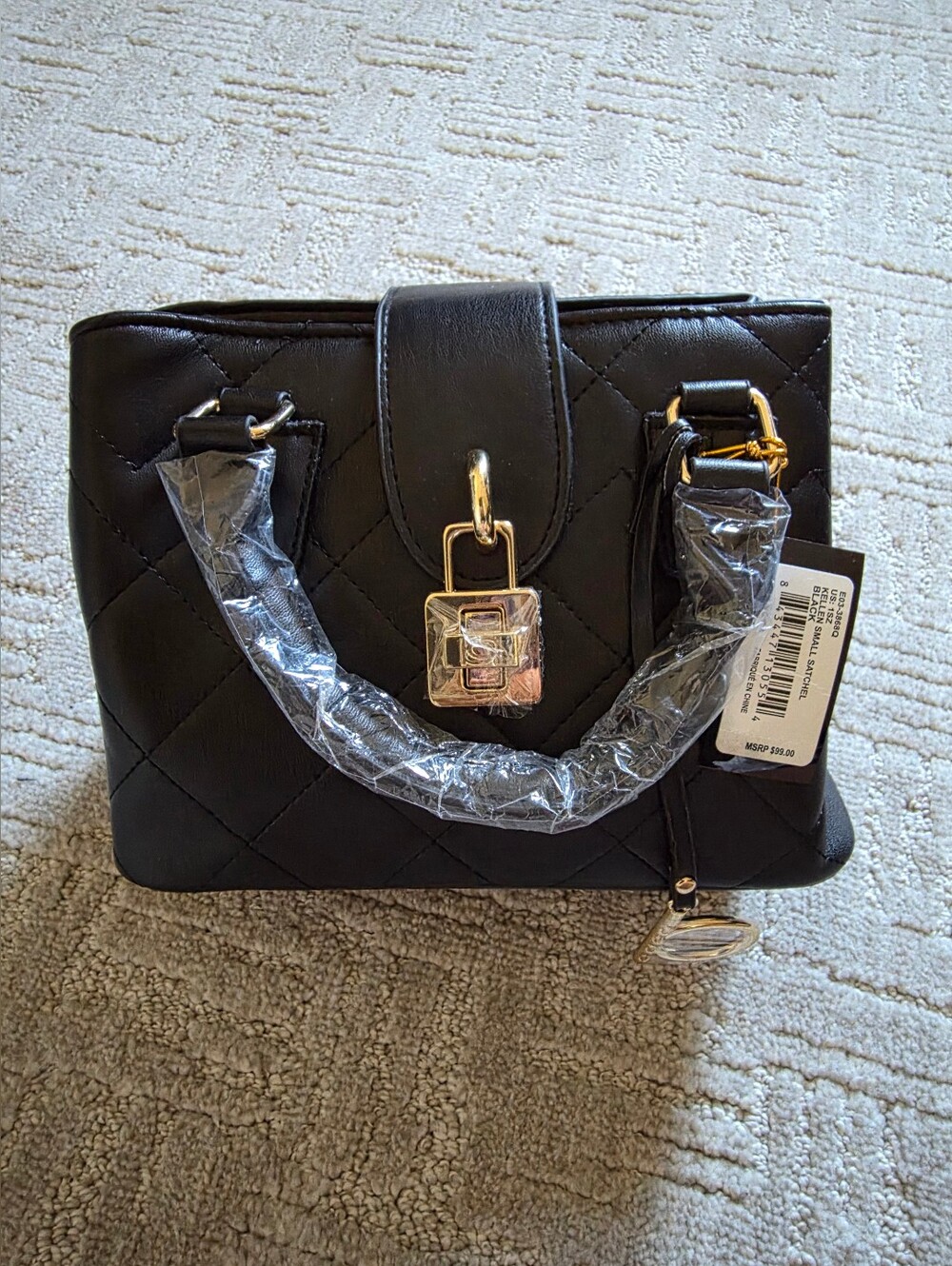 bebe Black Quilted Satchel with Gold Lock Hardware